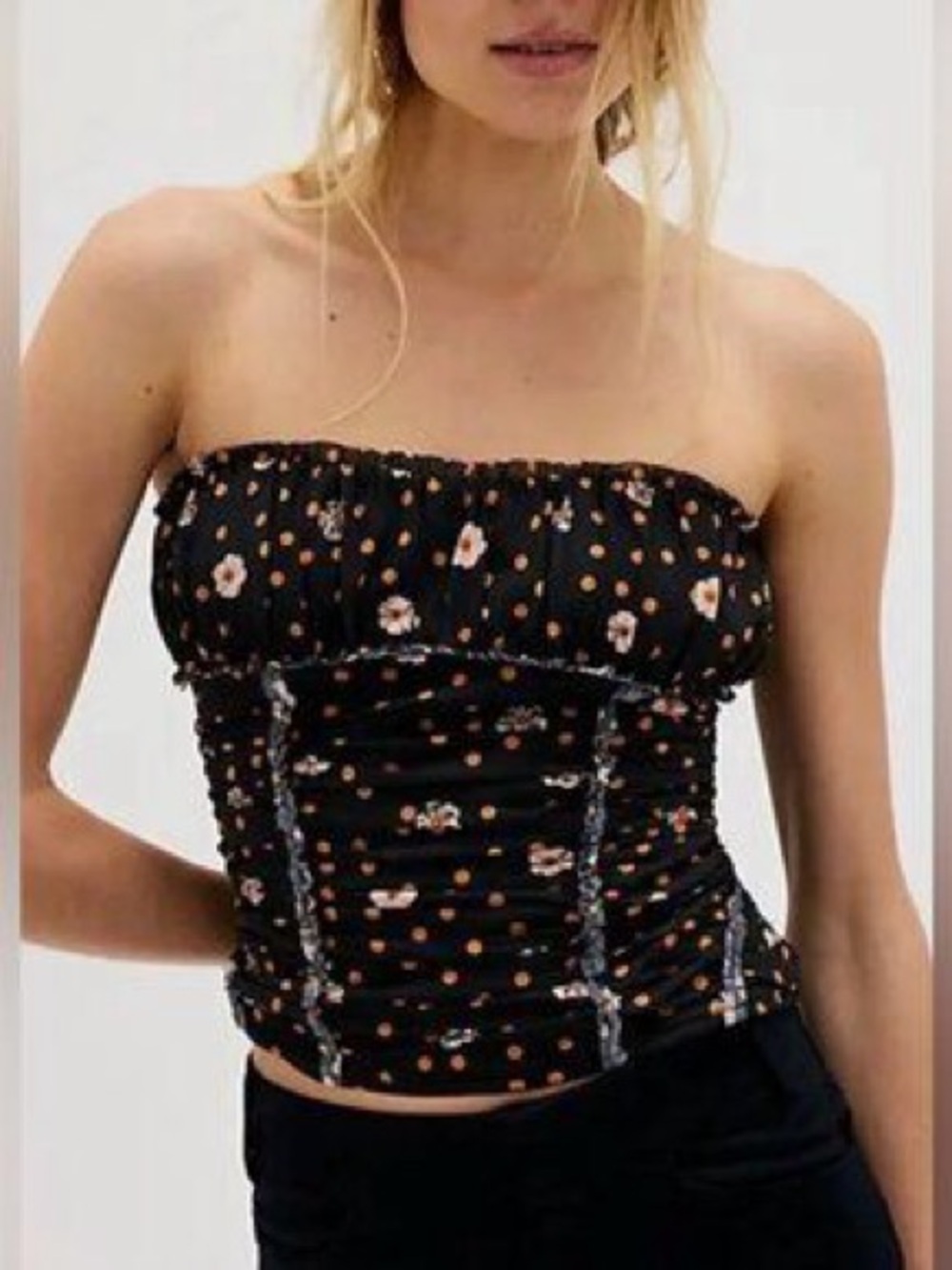 NWOT Free People Black Floral Smocked Strapless Tube Top